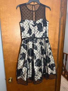 Eliza J Black and Cream Floral Dot Fit-and-Flare Dress